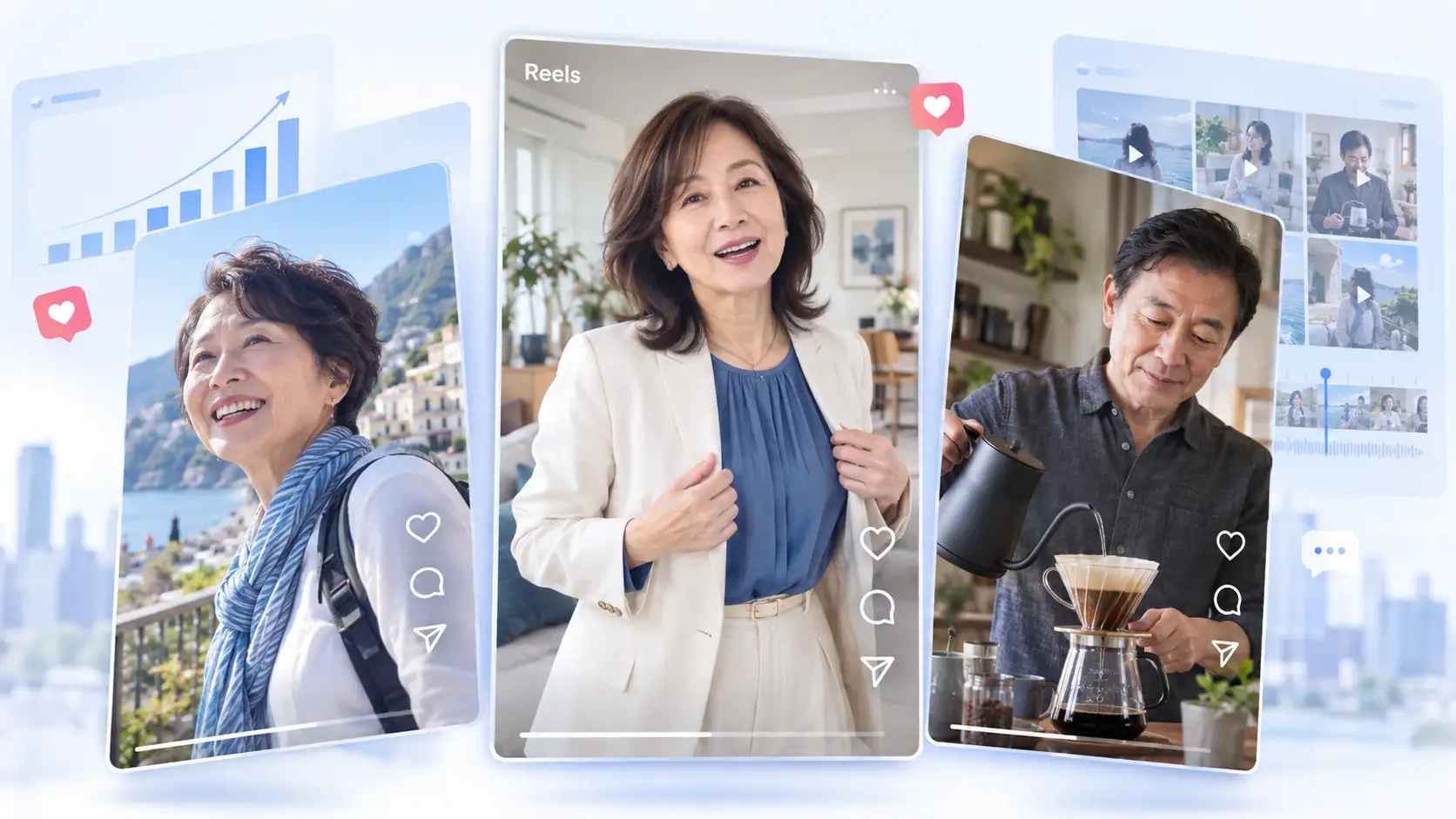 旅行やファッション、コーヒーを紹介するシニアの発信者と、SNS投稿・動画編集・分析画面のイメージ