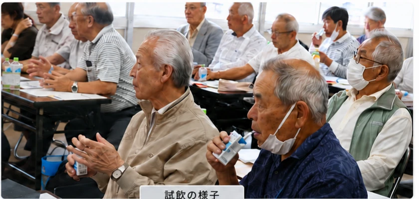 尾道市の地域指導者講習会で栄養補助ドリンクを試飲する参加者