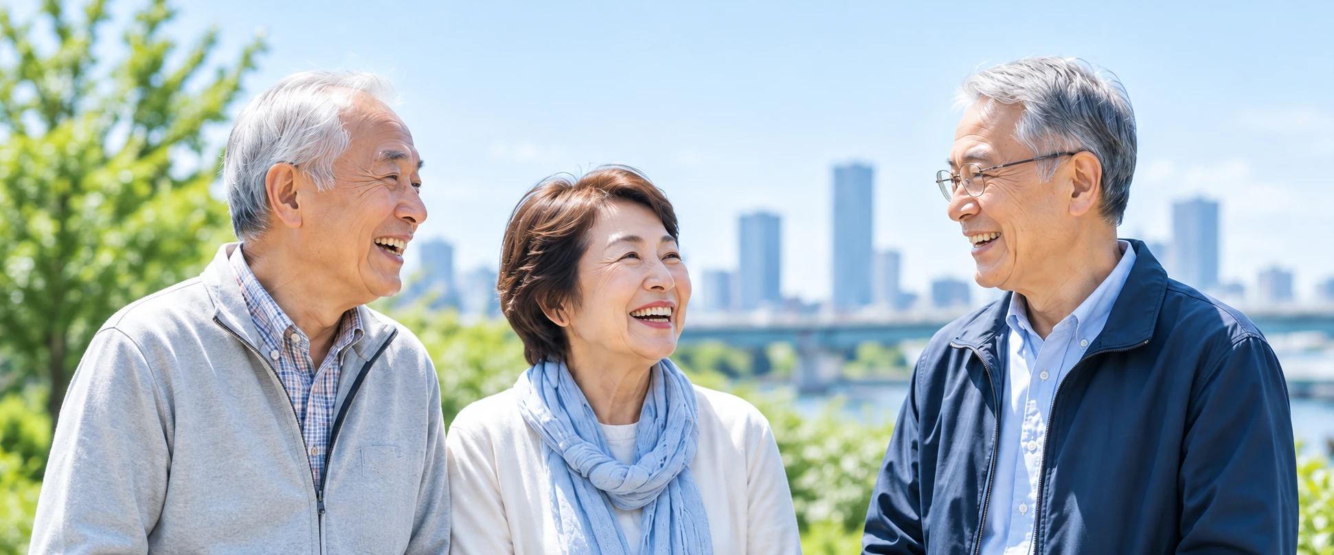 屋外で笑顔で語り合う3人のシニアのイメージ