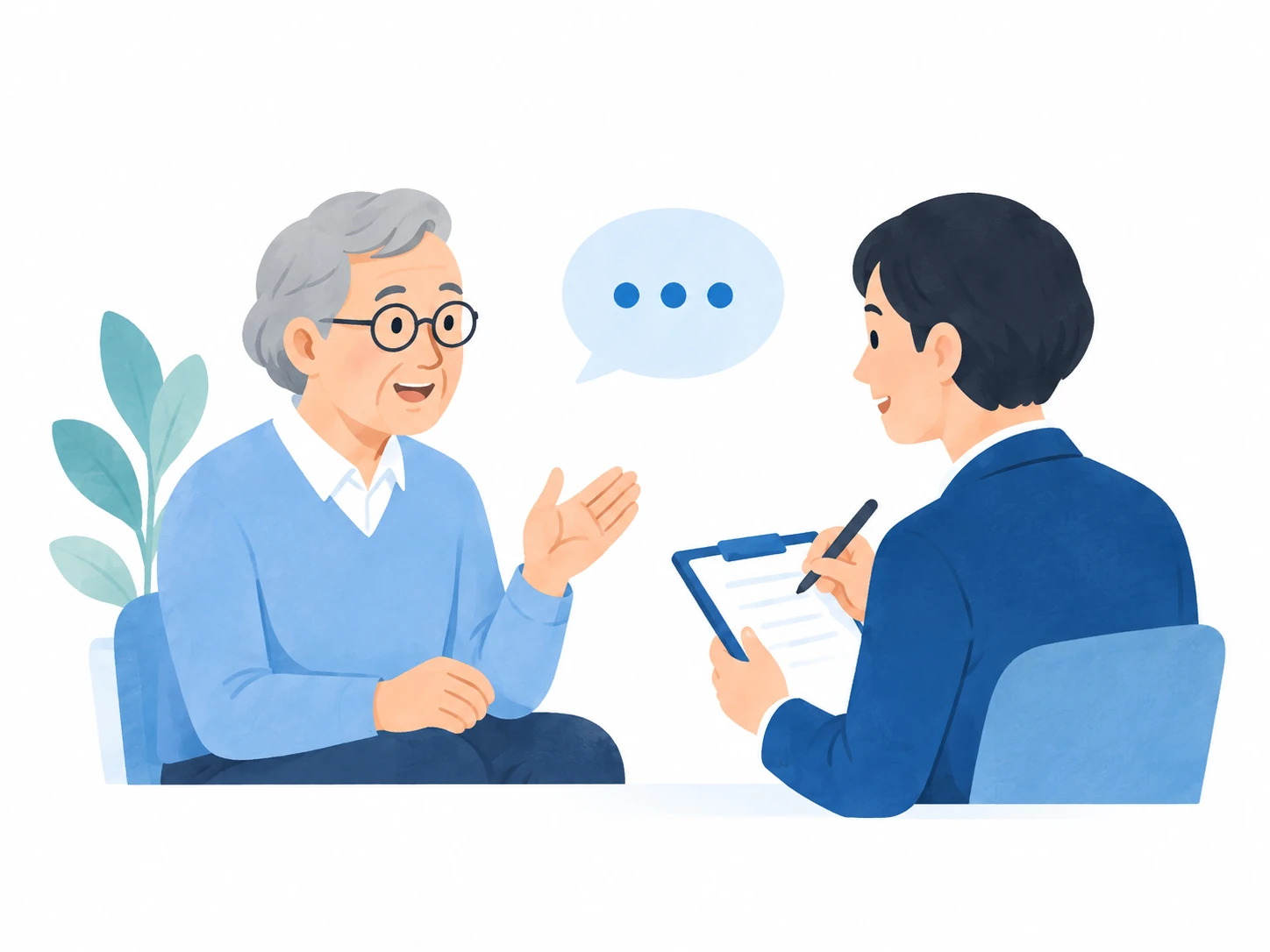 シニア男性の話を聞くインタビュアーのイラスト