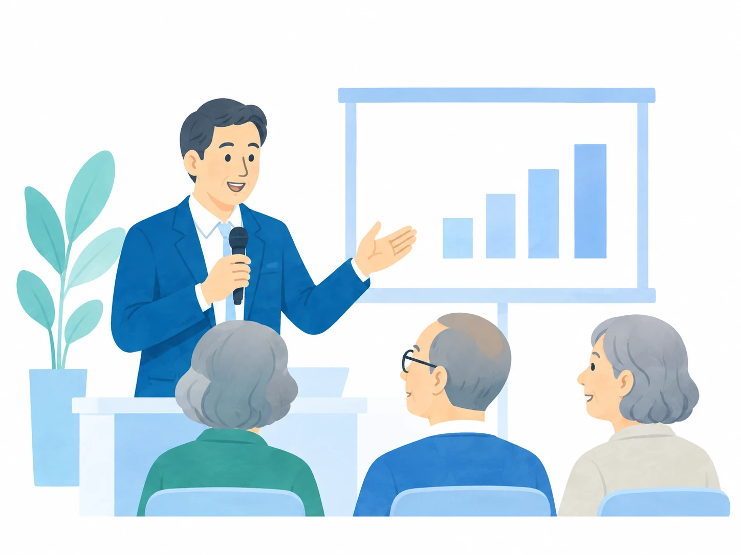 セミナーでシニアの参加者に説明する講師のイラスト