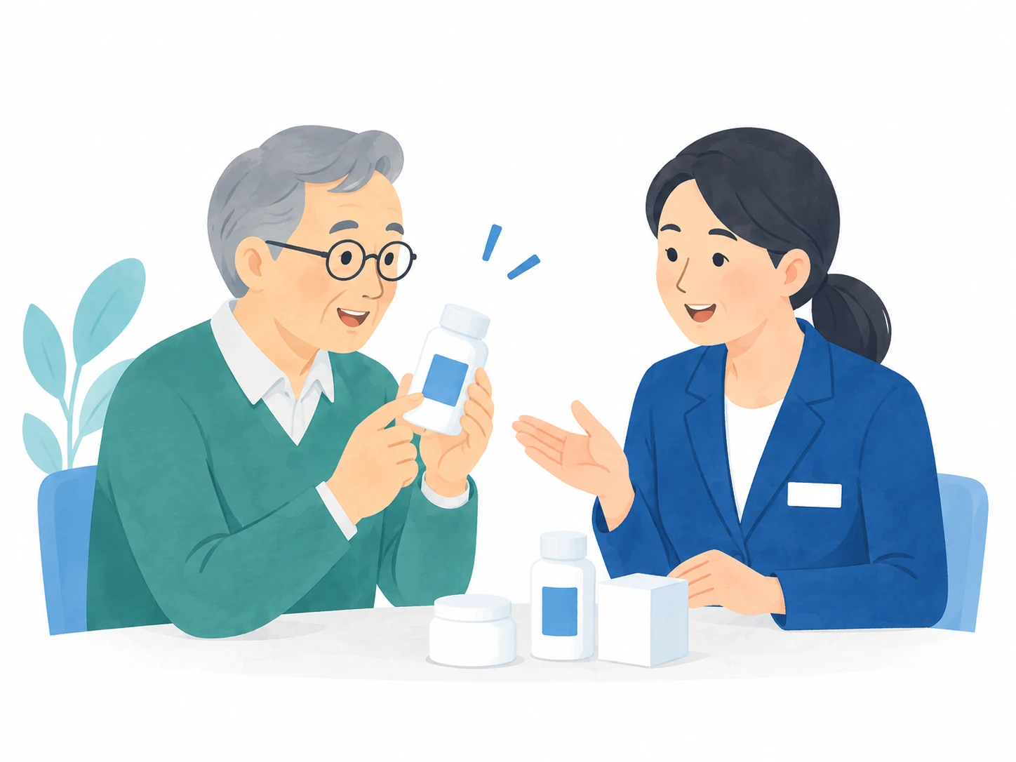 商品を試すシニア男性と感想を聞く担当者のイラスト