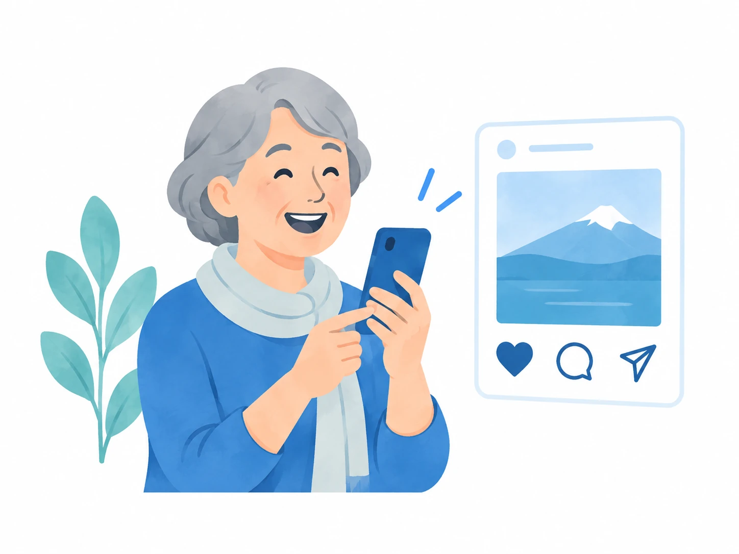 スマートフォンで体験を発信するシニア女性のイラスト